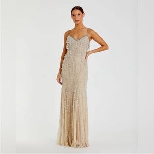 Mac Duggal 10101 Beige V-Neck Column Gown with Fringe Embellishments Sz 6